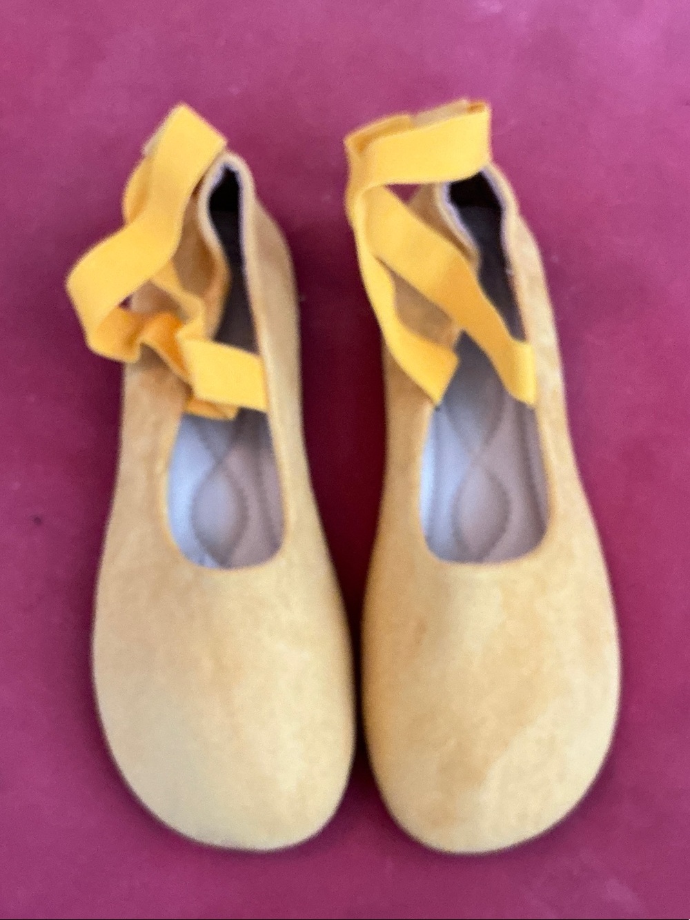 Women’s Yellow Suede Ballet Flats with Ankle crossover. Slip right into them
